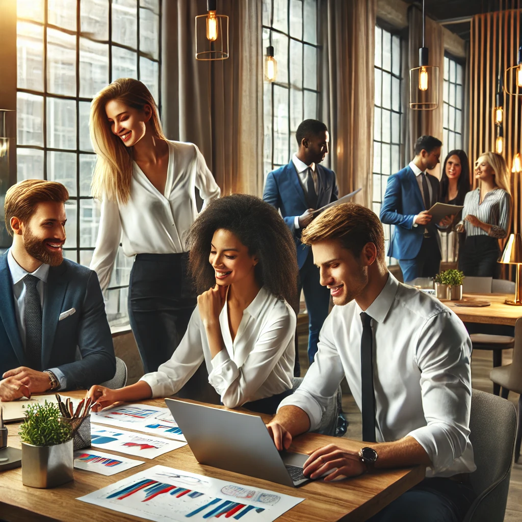 A professional and lively office setting inspired by the uploaded images, with large windows allowing natural light to flood the space. The scene features a well-established and attractive white man, a smart and attractive white woman, and a beautiful and charismatic black woman, all dressed in slightly casual business attire. They are actively engaged with each other, collaborating dynamically over a table with laptops, colorful documents, and charts. Other team members in the background are also interacting, contributing to an energetic and professional atmosphere. The space includes modern furniture, warm lighting, and refined decorative elements, creating a friendly and collaborative work environment.